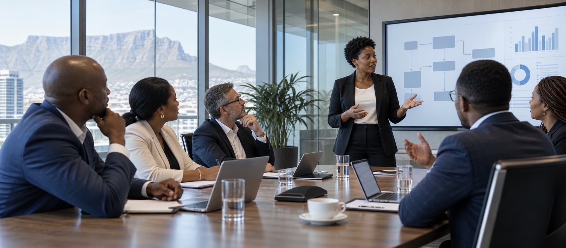Business leaders discussing an AI adoption plan
